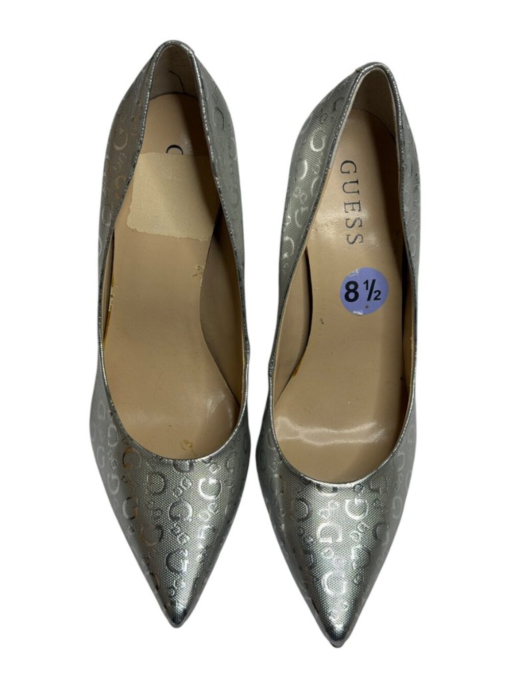 Guess Trace Pumps Shoes Stiletto Heel Logo Pointed Toe Metallic Silver 8.5 - Picture 3 of 13